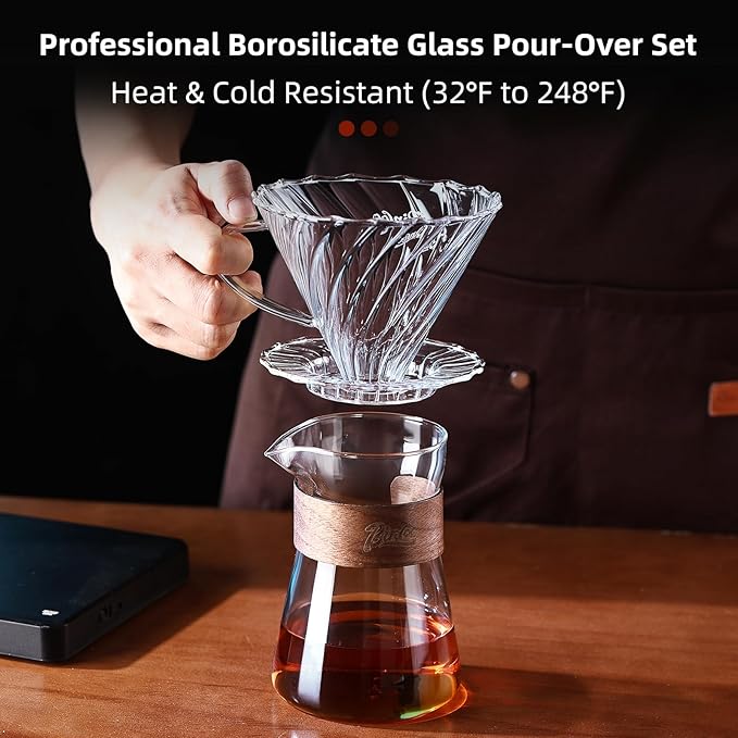 Bincoo Glass Pour Over Coffee Maker Set All-Glass Borosilicate V-shape 60° Cone Dripper &amp 500ml Coffee Carafe Server V-shape 60° Cone Drip Brewer with 50 V02 Filters