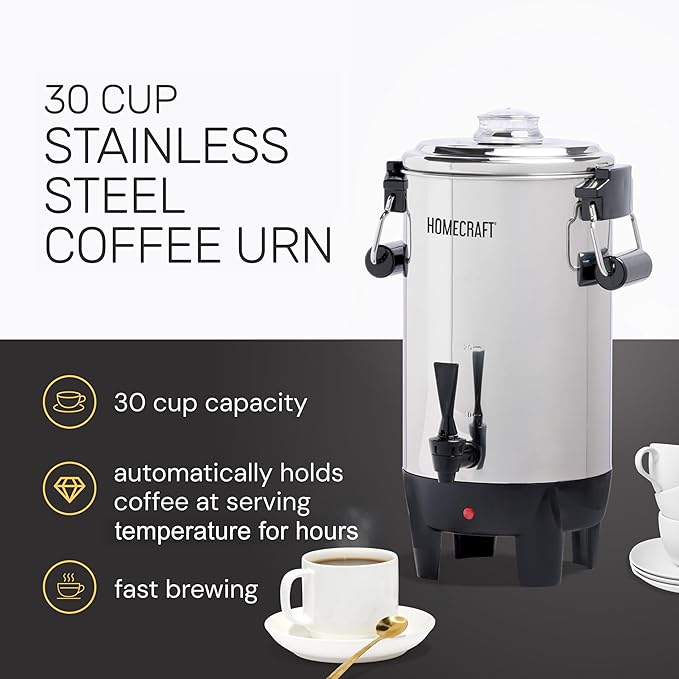 30 Cup Coffee Urn - Quick-Brewing Stainless Steel Double-Faucet - Perfect For Espresso Hot Water Tea Hot Chocolate - Stainless Steel