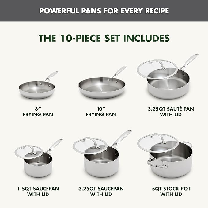 GreenPan Valencia Pro Tri-Ply Stainless Steel 10 Piece Cookware Set Induction Ready Pots &amp Pans Mirror Finish Dishwasher &amp Oven/Broiler Safe to 600F Compatible with All Cooktops