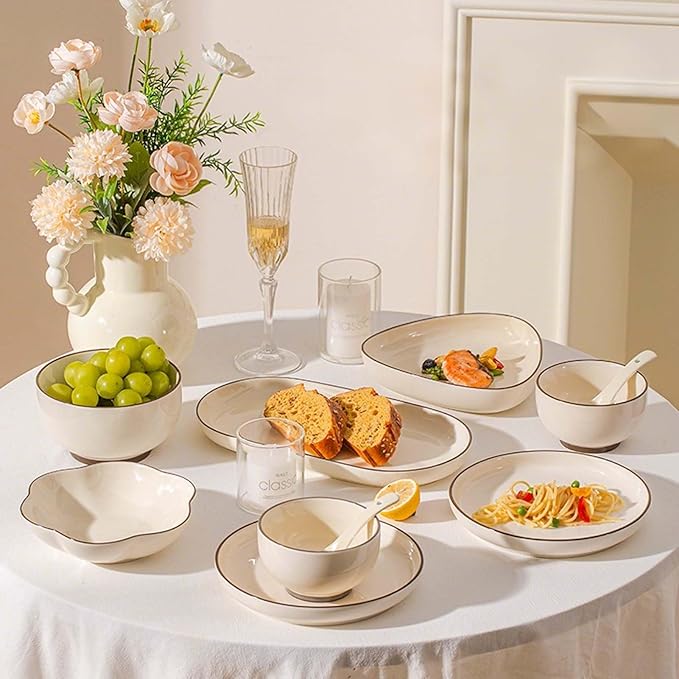 Porcelain Dinnerware Set Plates Bowls Cups Dishes Tableware Combination Everyday Use Dinner Plates Soup Bowls Salad Plates Elegant Style Microwave Dishwasher Oven Safe