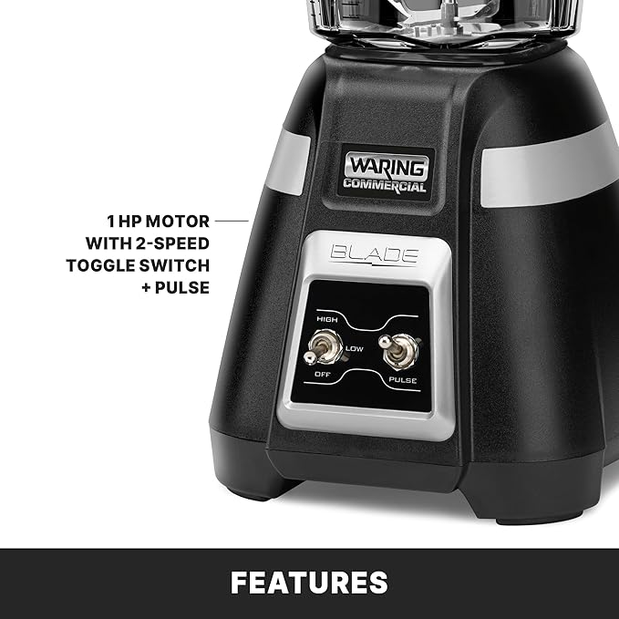 Waring Commercial BB300 Blade 1 HP Blender Toggle Switch Controls with Pulse feature with 48 oz BPA Free Copolyester Stacking Container 120V 5-15 Phase Plug Black