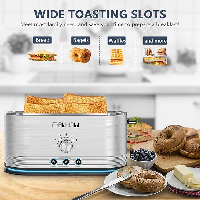 4-Slice Toaster 7 Browning Settings Defrost/Reheat Functions Removable Crumb Tray Full body Stainless Steel Housing 1400W Anti-Fingerprint &amp Anti-Jam(stainless steel)