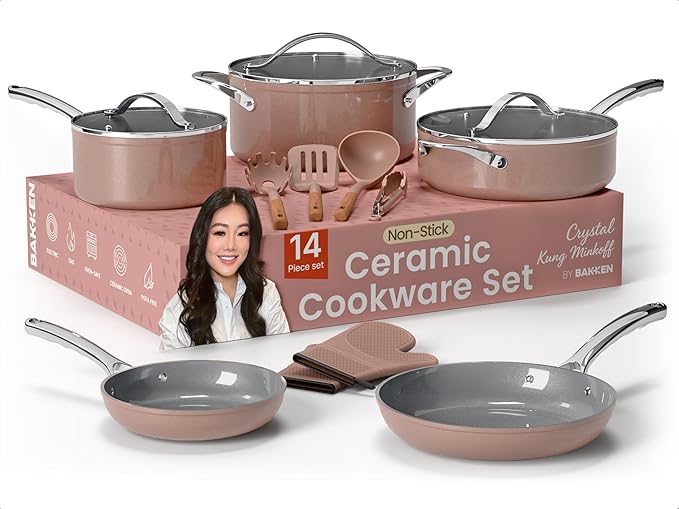 Crystal Kung Minkoff Ceramic Cookware Set – 14-Piece Pots and Pans Set with Lids Silicone Utensils &amp Oven Mitts Nonstick and Non-Toxic PTFE/PFAS Free Dishwasher &amp Stovetop Safe Up to 500°F