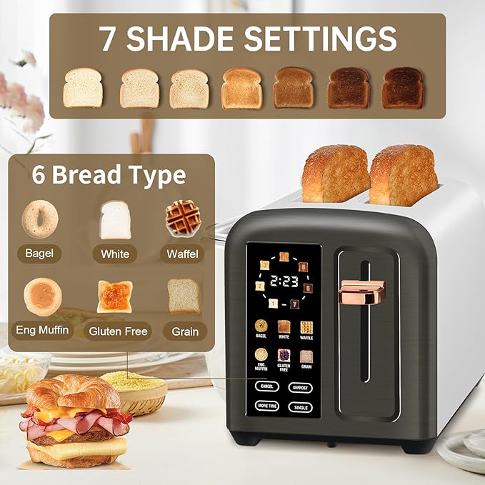SEEDEEM Toaster 2 Slice Real Touch Screen with LCD Display Single-Slice Function Stainless Steel Toaster 50% Faster Heating 1.5 Wide Slots Removable Crumb Tray 1350W Dark Metallic