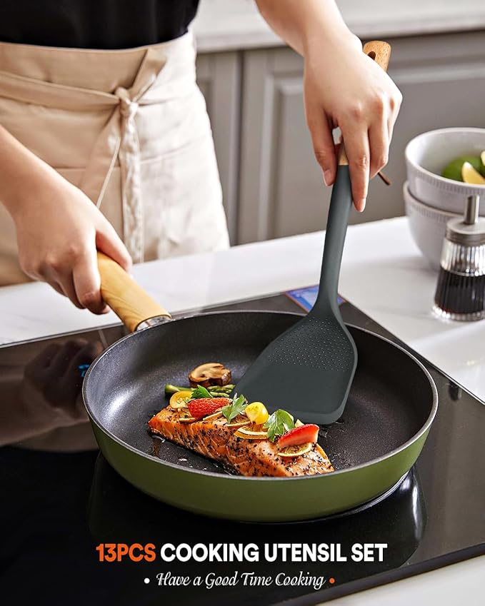 Kitchen Utensils Set 13PCS Silicone Cooking Utensils Heat Resistant Kitchen Utensil Spatula Set for Nonstick Cookware Wooden Handles Kitchen Gadgets Tools Set