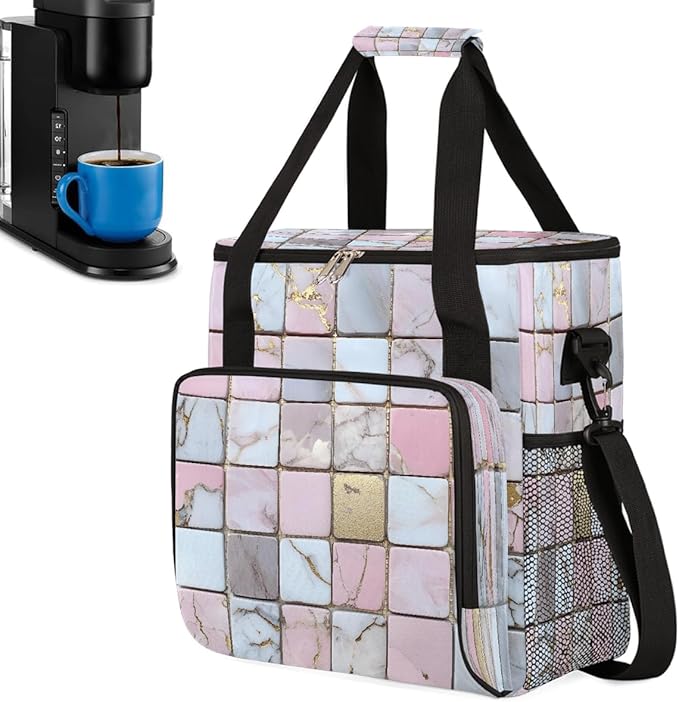Marble Lattice Coffee Maker Carring Bag Travel Carrying Storage Tote Bag Compatible with Keurig K-Mini or K-Mini Plus Portable Single Serve Coffee Brewer Case with Pockets for K-cup Pods
