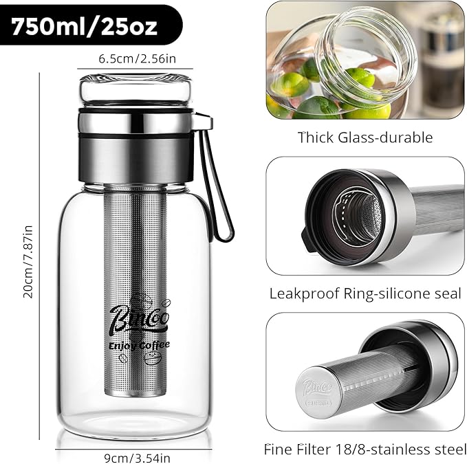 Bincoo Glass Cold Brew Coffee Maker with Extended Fine Mesh Filter Tea Infuser Bottle Iced Coffee Maker with Thick Borosilicate Glass (750ml/24oz)