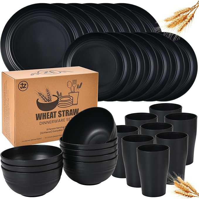 32 Piece Wheat Straw Dinnerware Set - Black Plates and Bowls for 8 Unbreakable Dishwasher &amp Microwave Safe Reusable Lightweight Tableware Ideal for Camping and Everyday Use