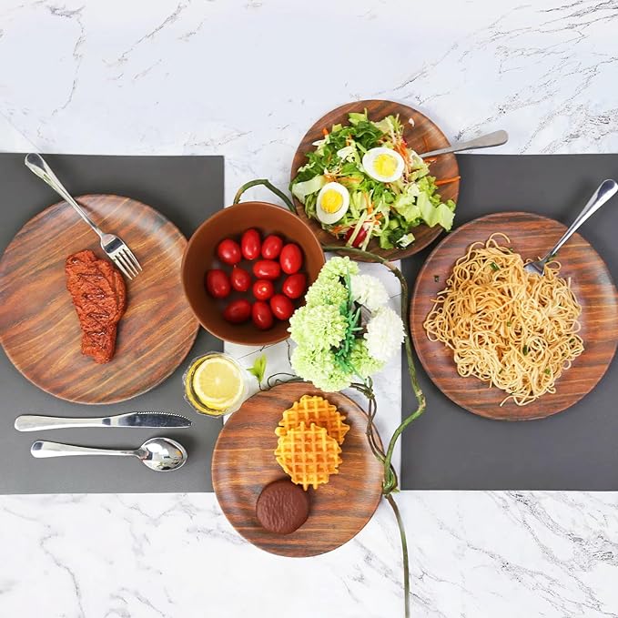 TP 18-Piece Dinnerware Set Melamine Dishes Set with Bowls and Plates Service for 6 Non-breakable Lightweight Dining Tableware Rosewood Grain