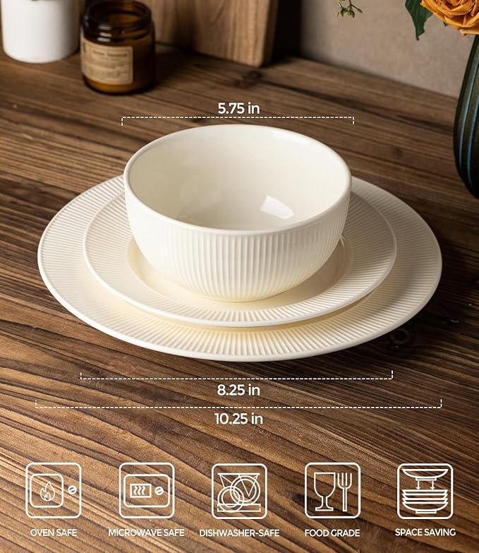 TheTerra Stoneware Dinnerware Sets for 4 12 Pieces Ceramic Plates and Bowls Sets Scratch Resistant Embossed Dish Set Oven Microwave &amp Dishwasher Safe Beige