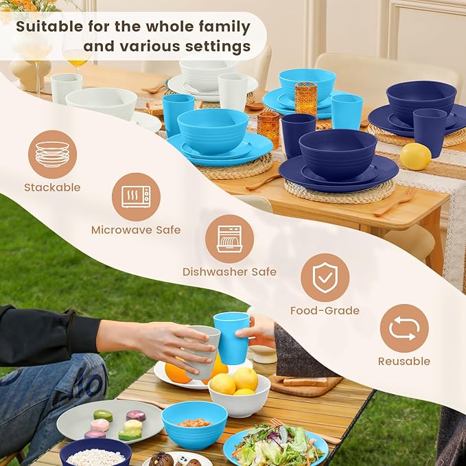 Homienly 24 PCS Wheat Straw Dinnerware Set for 6 Dinner PlatesDessert PlatesCereal BowlsDrinking CupsUnbreakable Dishwasher and Microwave Safe Dish Sets for KitchenOutdoor - Island Series