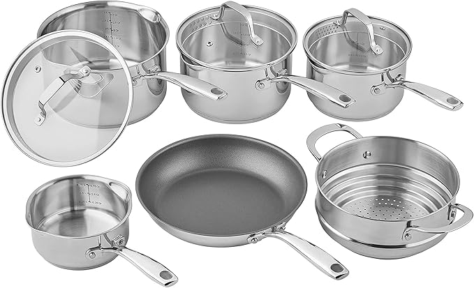 Tala 6 Piece Stainless Steel Cookware Set - Non-Stick Frying Pan 4 Multifunctional Cooking Pots with Tempered Glass Lids &amp Steamer - Dishwasher Safe Scratch Resistant - Suitable for All Stoves