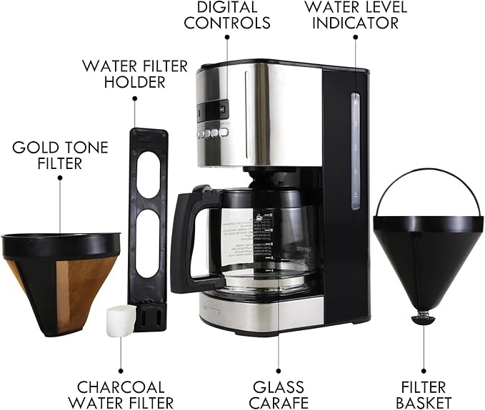 Kenmore Drip Coffee Maker - 12 Cup Programmable Cafe Machine With Glass Pot Regular &amp Bold Brew Auto Shut Off Large Water Reservoir Reusable Filter Kitchen Appliances For Cafeteria Barista Bl
