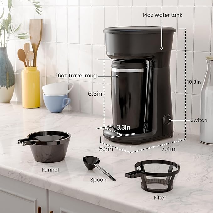 Kismile Personal Single-Serve Coffee Maker Compact Brewer with 14oz Thermal Travel Mug Stainless Steel Interior Compatible with Coffee Grounds &amp Reusable Filter Ideal for Home &amp Travel