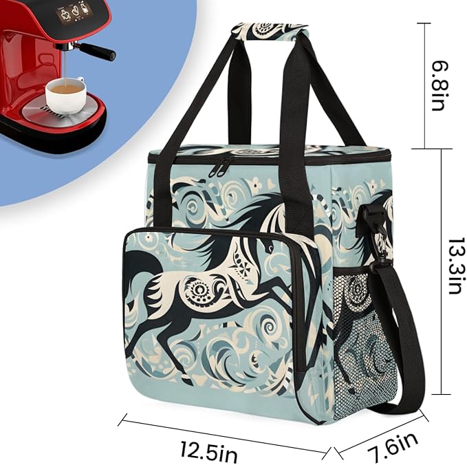 Boho Horse Coffee Maker Carrying Bag Abstract Horse Travel Storage Bag Compatible with K-Mini or K-Mini Plus Single Serve Coffee Brewer Carrying Case with Multiple Pockets &amp Shoulder Strap