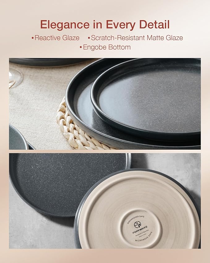 Famiware Milkyway Plates and Bowls Sets 24 Pieces Dinnerware Sets Reactive Glaze Dish Set Stoneware Dishes Set for 8 Matte Dark Charcoal