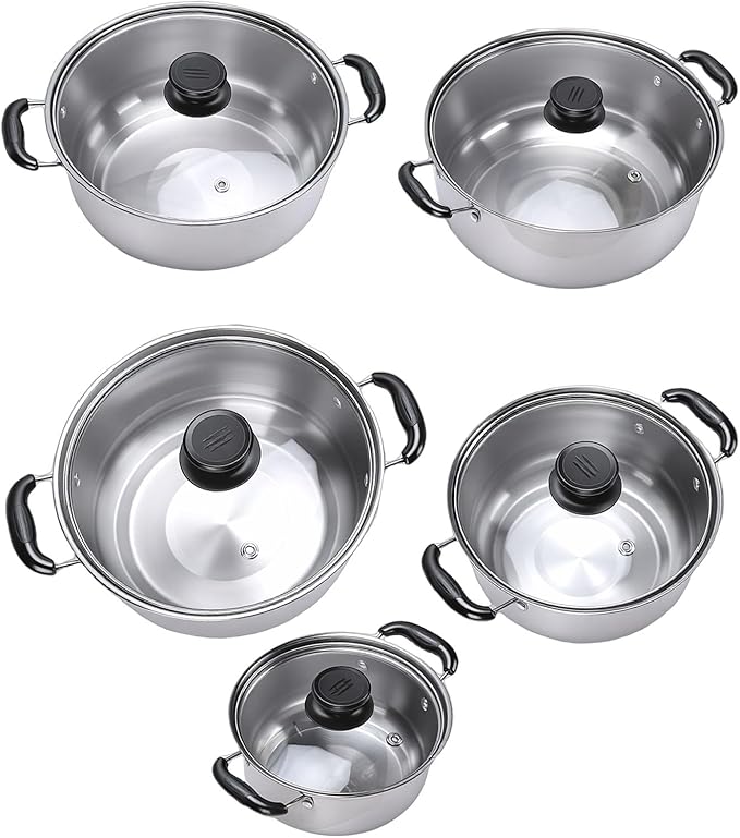 5PCS Stainless Steel Cookware Set Glass Lids Kitchen Cooking Pots for Induction Cooktop with Sturdy Structure and Easy to