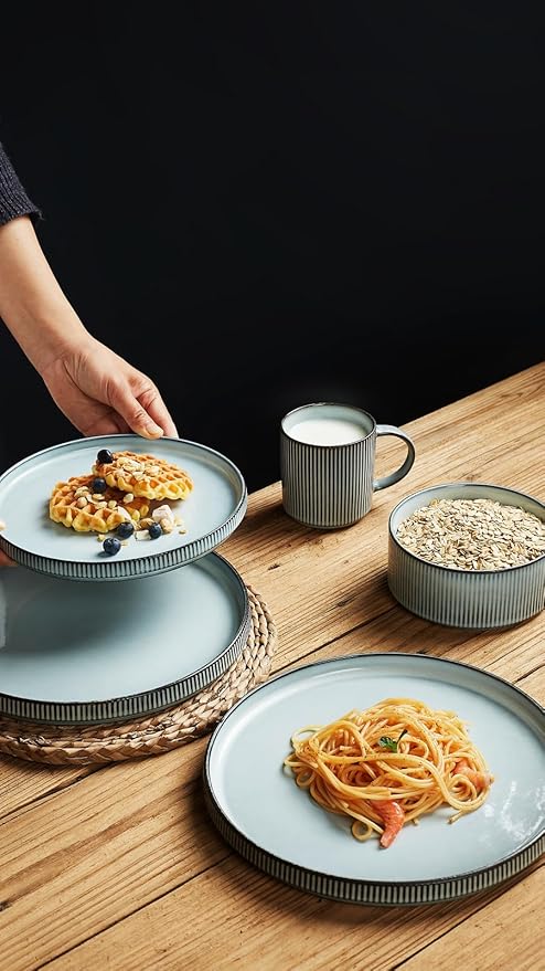 Famiware Star Dinnerware Set with Plates Bowls and Mugs Service for 4 (16-Piece) Stoneware Kitchen Dishes Dinner Plates - Smoky Blue