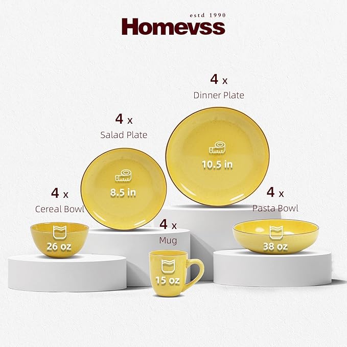 HomeVSS 20-Piece Dinnerware Set - Serves 4 Bright Glaze Yellow plates and bowls sets with Speckle Effect for Microwave &amp Dishwasher Safe