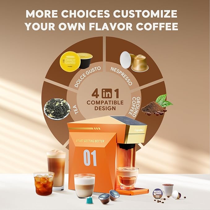 4 In 1 Single Server Coffee Maker Mini Coffee Machine for Nespresso Original/K cups/Dolce Gusto Original/Ground Coffee 19 Bar Espresso Machine Fit for Home Office Orange
