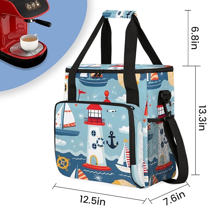 Cartoon Ship Lighthouse Coffee Maker Travel Bag for Keurig K-Mini/K-Mini Plus Insulated Waterproof Tote with Pockets Portable Single-Serve Brewer Case