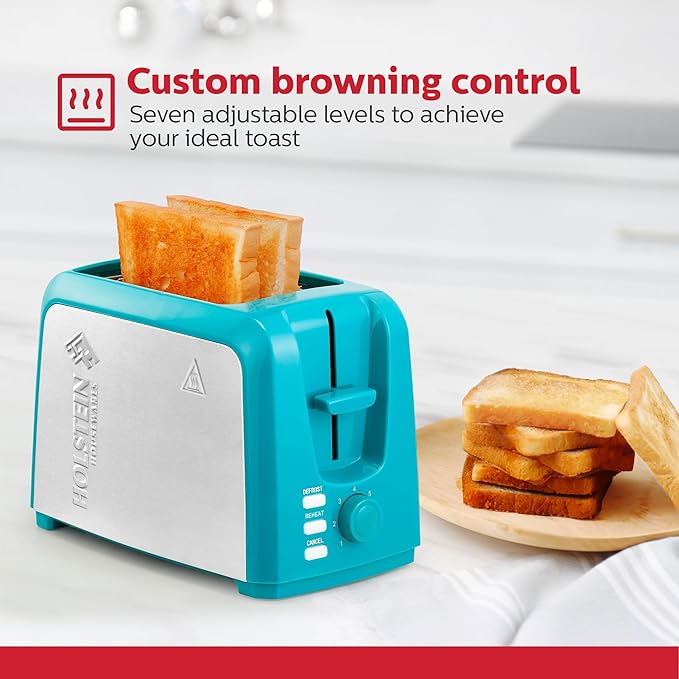 Holstein Housewares 2-Slice Toaster with 7 Browning Settings Extra-Wide Slots Reheat Defrost Cancel High-Lift Release Removable Crumb Tray – Compact Stainless Steel Teal