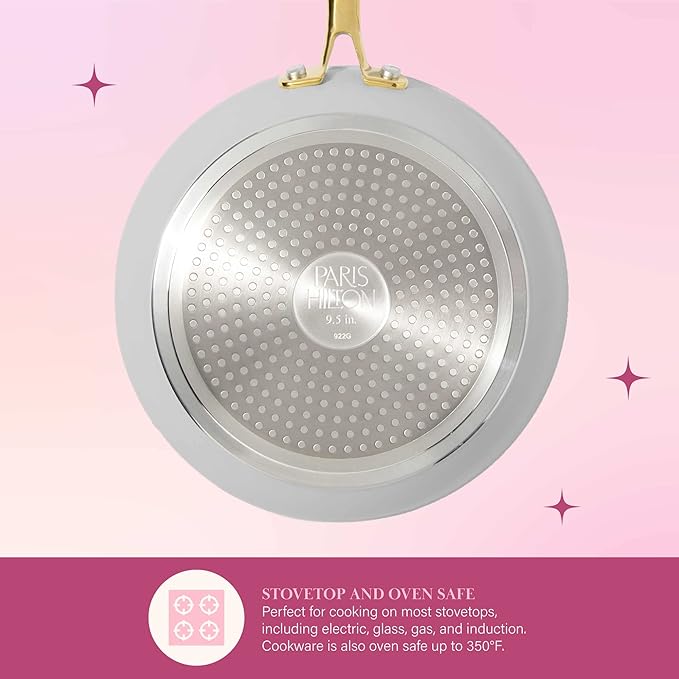 Paris Hilton Iconic Nonstick Pots and Pans Set Multi-layer Nonstick Coating Matching Lids With Gold Handles Made without PFOA Dishwasher Safe Cookware Set 10-Piece Light Gray