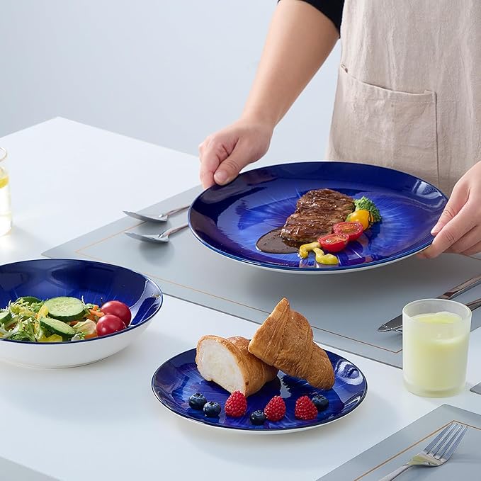 Bestone 12 Piece Round Kitchen Dinnerware SetsPlates and Bowls setsDishes Plates Bowls Dish SetPlates and BowlsService for 4 Chip Resistant Porcelain Starburst Turquoise Dark Blue