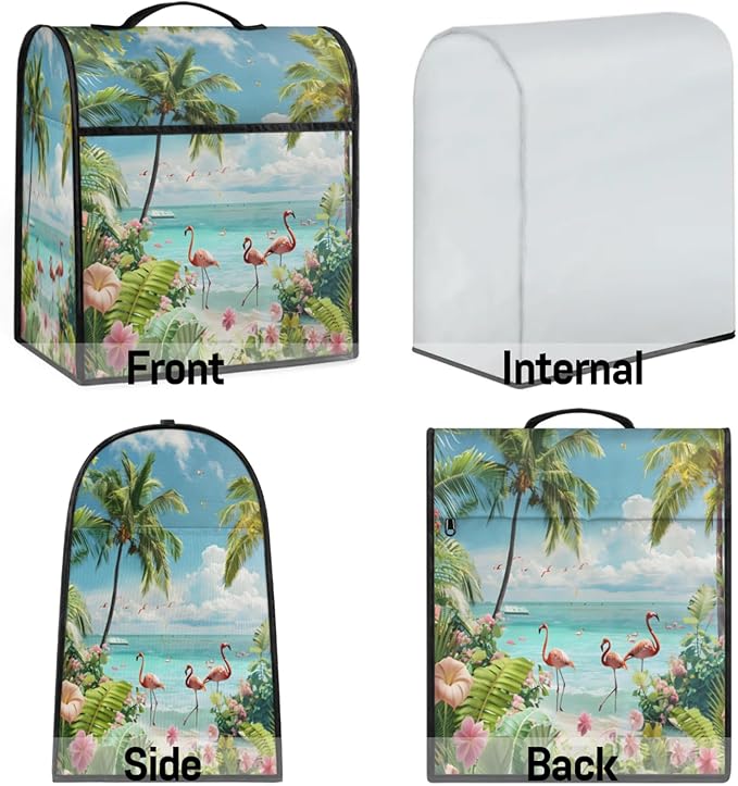 Kitchen Aid Mixer Cover Summer Flamingo Beach Flowers Stand Mixer Cover Compatible with 6-8 Quarts Stand Mixers Dust Covers with Zipper Pocket Foldable Washable Kitchen Aid Organizer Bag