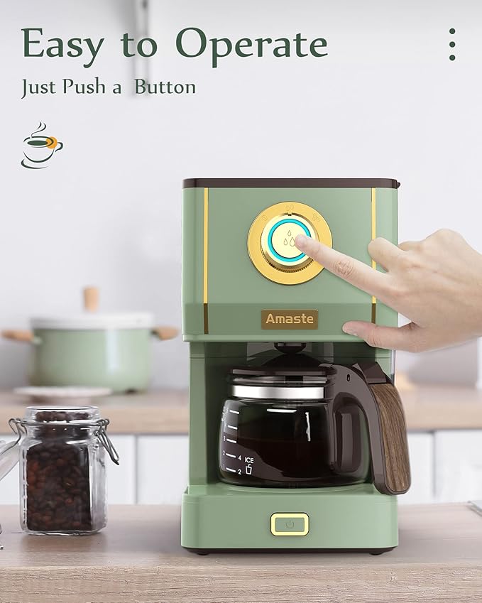 Amaste Drip Coffee Maker Coffee Machine with 25 Oz Glass Coffee Pot Retro Style Coffee Maker with Reusable Filter &amp Three Brewing Modes Warming Plate Matcha Green