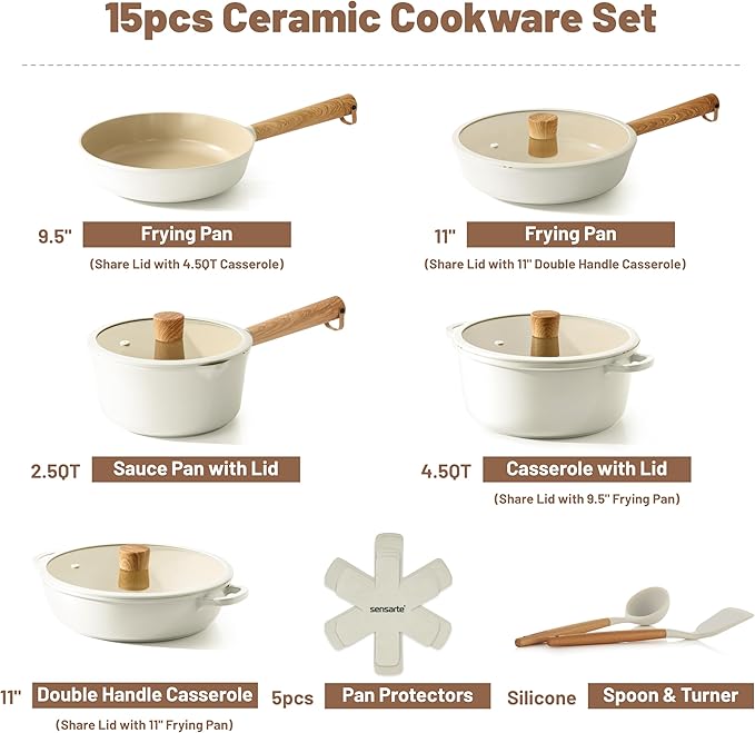 SENSARTE Ceramic Nonstick Cookware Set Non-toxic Healthy Pots and Pans Set Ceramic Coated Kitchen Cooking Set Free of Intentionally Added PFAS/PTFE Dishwasher&ampOven Safe Induction Compatible 15