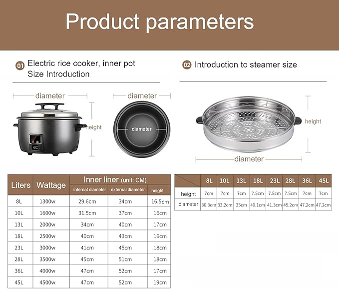 Commercial Rice Cooker/WarmerOne-Touch Rice Cooker and Food Steamer8-45L Extra-Large Capacityfor RestaurantsHotels and Catering Rice Cooker13L-2000W13L-2000W