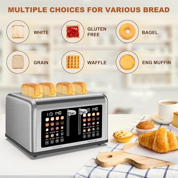 4 Slice Toaster Touch Screen Stainless Steel Toasters Digital Timer Dual Control Panel Toasters 8 Shade Settings 6 Bread Types for Bagel Cancel Defrost 1650W