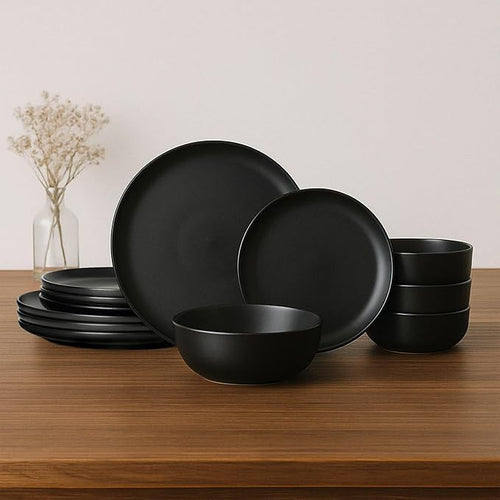 12-Piece Matte Black Dinnerware SetStoneware Dinnerware for 4 Microwave &amp Dishwasher Safe Stackable Design for Kitchen and Dining - Plates and Bowls