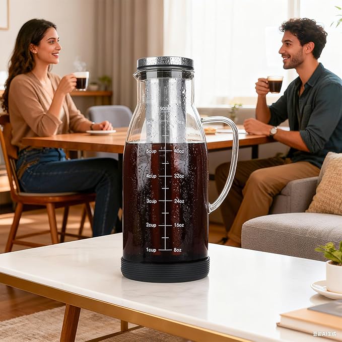 Airtight Cold Brew Coffee Maker Pitcher 51oz Glass Iced Coffee Maker Pitcher with Removable Stainless Steel Filter and Non-Slip Base 1.5L Iced Tea Maker