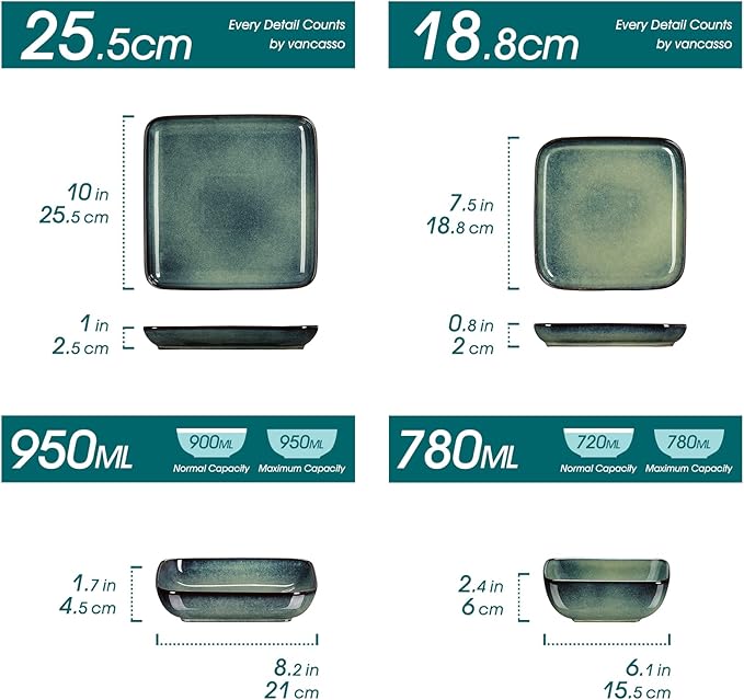 vancasso Stern Green Dinner Set- Square Reactive Glaze Dish Set- 16 Pieces Kitchen Dinnerware Stoneware Crockery with Dinner Plate Dessert Plates Bowl and Soup Plate Service for 4