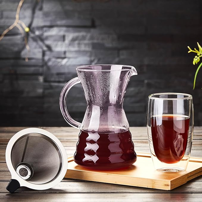 Unbreakable - Pour Over Coffee Maker with Permanent Stainless Filter 27 fl oz Thickened Heat-Resistant Borosilicate Glass Dripper Coffee Brewer Stovetop Safe Pink