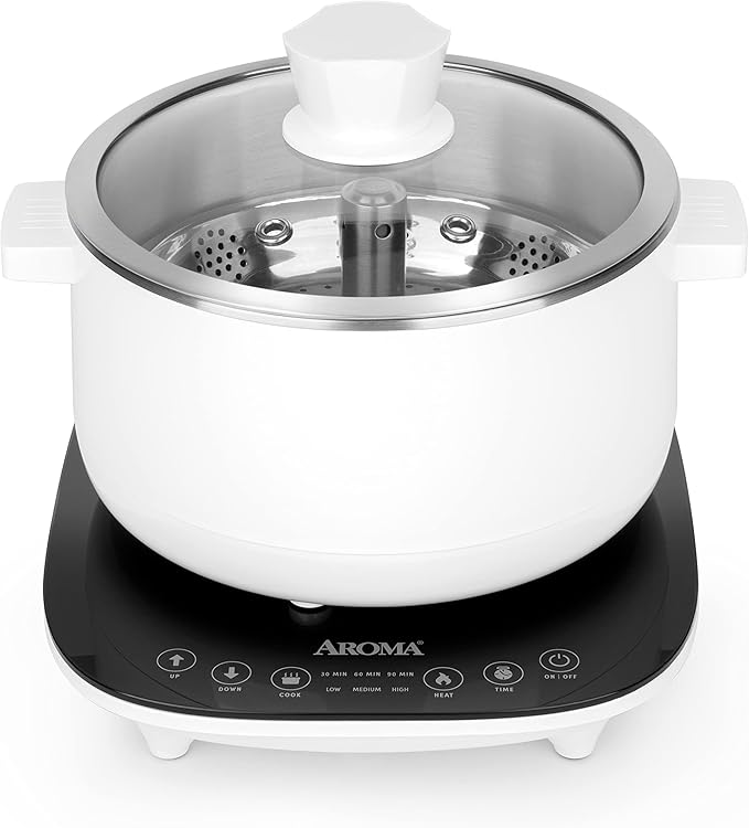 Aroma Housewares 2.5-Liter Smart Electric Hot Pot &amp Rapid Boil Steamer with Automatic Stainless Steel Steamer Basket Lift White ASP-700