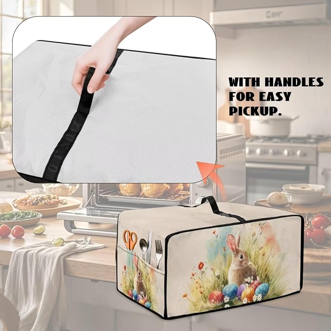 Bunny Daisy Print Toaster Oven Dust Cover Easter Egg Printed Bread Maker Machine Covers with Side Pockets Kitchen Small Appliance Protector M