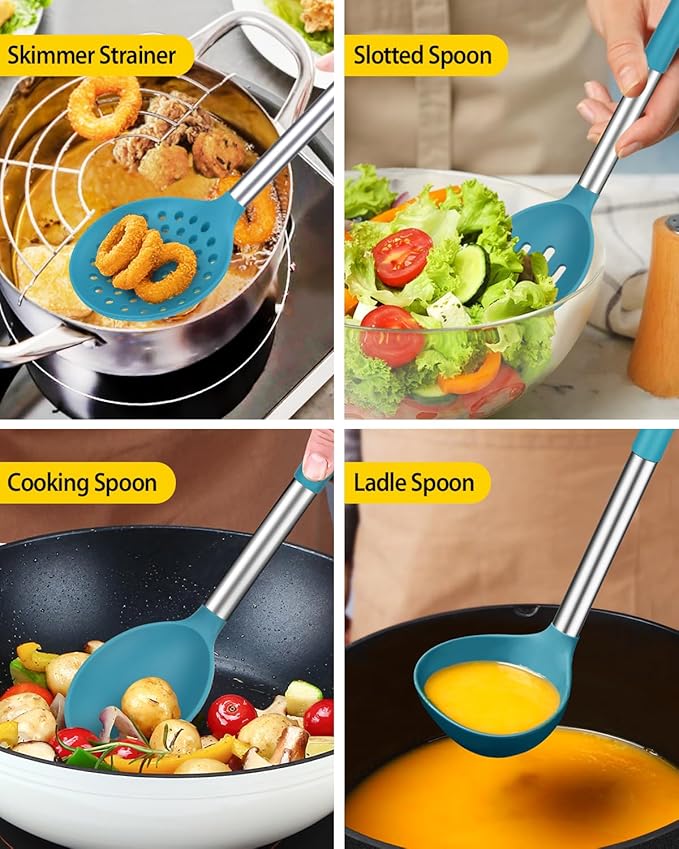 Silicone Cooking Utensil Set 8Pcs Non-stick Cookware with Stainless Steel Handle BPA Free Heat Resistant Kitchen Tools with Spatulas Turners Spoons Skimmer and Pasta Fork