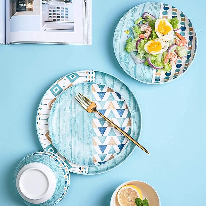 High-End Dinner SetCeramics Dinner Sets Blue Geometric Patterns Porcelain Dinnerware Set of 42 | Cereal Bowl and Steak Plate Set for Housewarming Gift