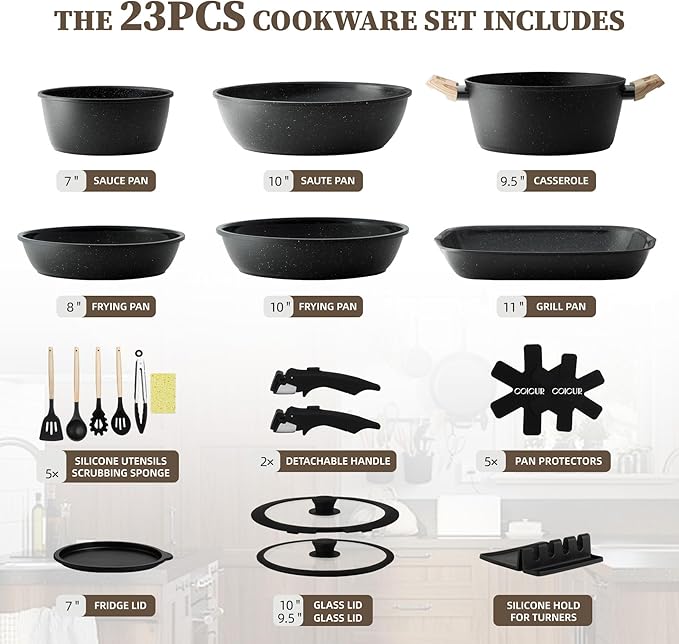 23Pcs Ceramic Cookware Set Non Stick Pots and Pans Set Non Toxic with Detachable Handle Induction Kitchen Cookware Set Space Saving Oven &amp Dishwasher Safe Black