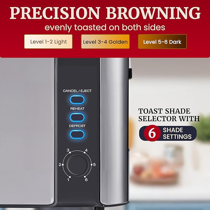 Elite Gourmet ECT3200 2-Slice 1 Long Slot Slim Toaster Reheat 6 Toast Settings Defrost Cancel Functions Built-in Warming Rack Extra Wide Slots for Bagels Waffles Stainless Steel &amp Black