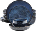 16-Piece Cobalt Blue Stoneware Dinnerware Set – Double Bowl Design with Reactive Glaze Dishwasher &amp Microwave Safe