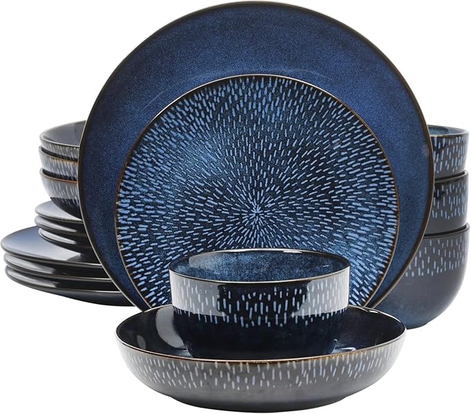 16-Piece Cobalt Blue Stoneware Dinnerware Set – Double Bowl Design with Reactive Glaze Dishwasher &amp Microwave Safe