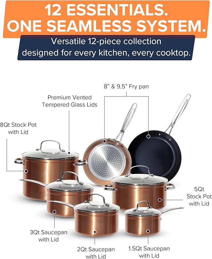Nuwave Healthy G11-Pots and Pans Set Non Stick 9H Near-Diamond Hardness Scratch-Resistant Works on All Stovetops PFAS Free with Frying Pans Saucepans &amp Glass Lids Stay-Cool Handles Copper
