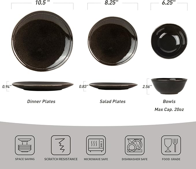 Famiware Aegean Stoneware Dinnerware Set for 8 Plates and Bowls Sets 24 Pieces Scratch Resistant Dinner Set Handmade Irregular Round Dishes - Microwave and Dishwasher Safe Black Coffee