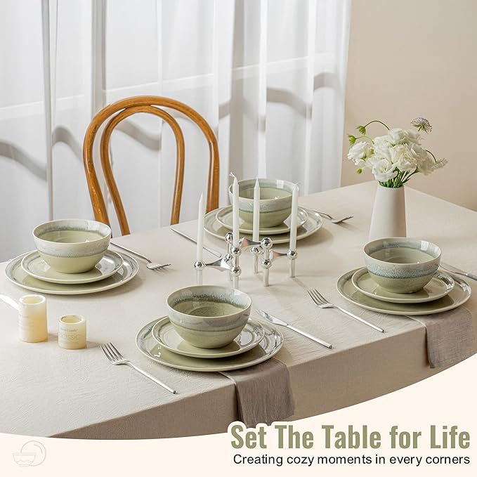 Plates and Bowls Sets 12 Pieces Grass Green Dinnerware Sets for Kitchen Reactive Glaze Dishes Set for 4 Dishwasher and Microwave Safe Series Starflecked Shore (Grass Green)