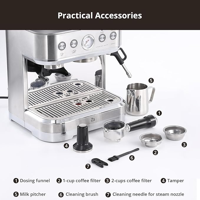 Espresso Machine with Built-in Grinder 15 Bar Italian ULKA Pump Dual PID Control &amp Milk Frother 85oz Large Water Tank Auto-Cleaning for Perfect Lattes/Cappuccinos Home Barista Coffee Maker