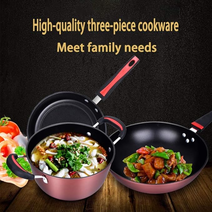 3-Piece Cookware with Glass LidFrying PanCookwareWokSturdy HandleNon StickPansuitable for Multiple Heat Sources Including Cooker Easy to Clean Pans